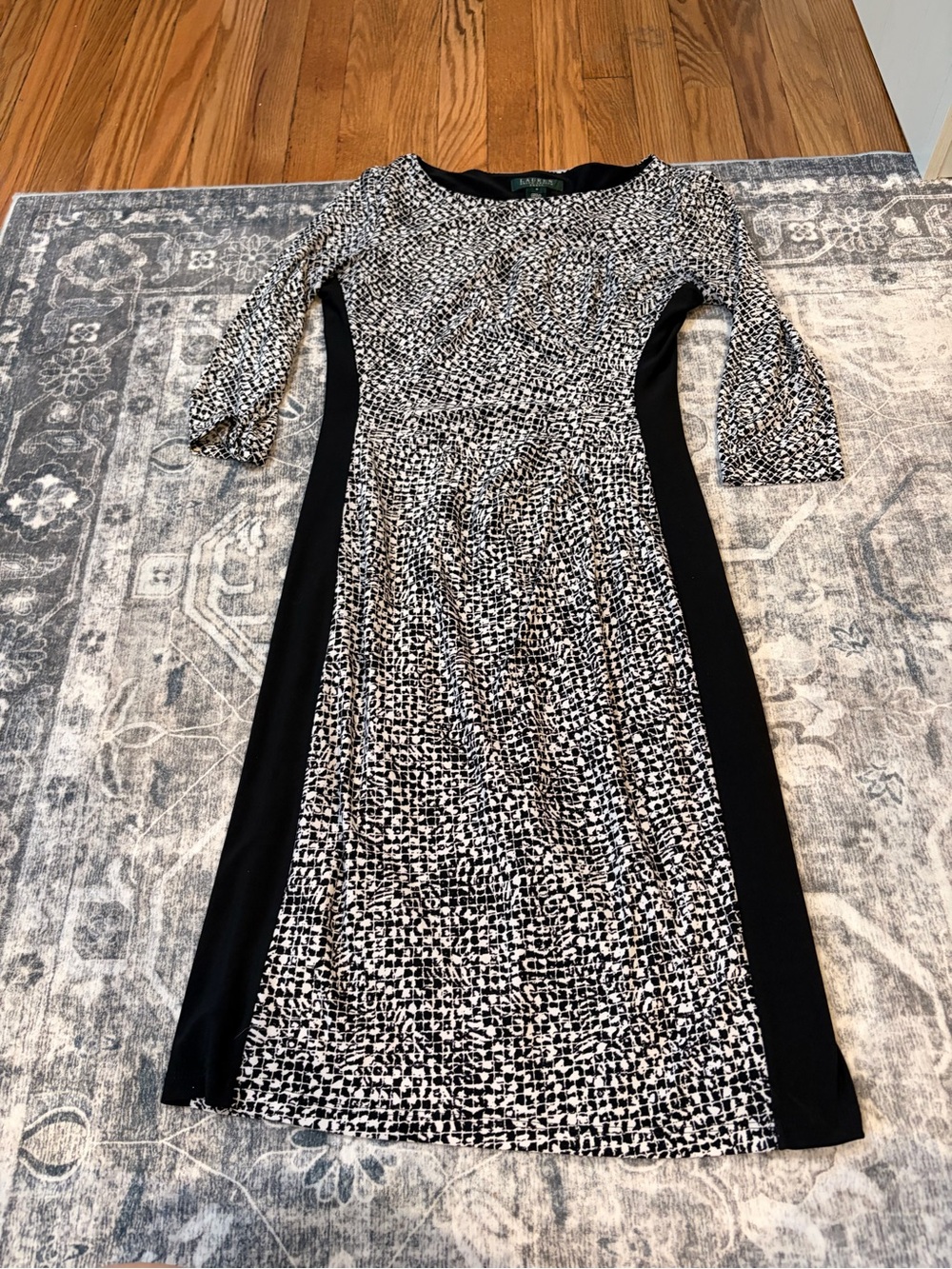Ralph Lauren Black and White Printed Midi Dress with Side Panels